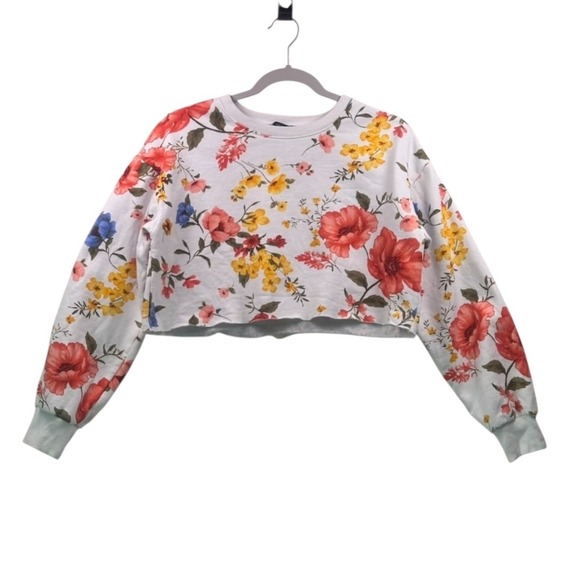 Forever 21 Floral Print Cropped Sweatshirt White Multicolor Size S - Picture 13 of 16